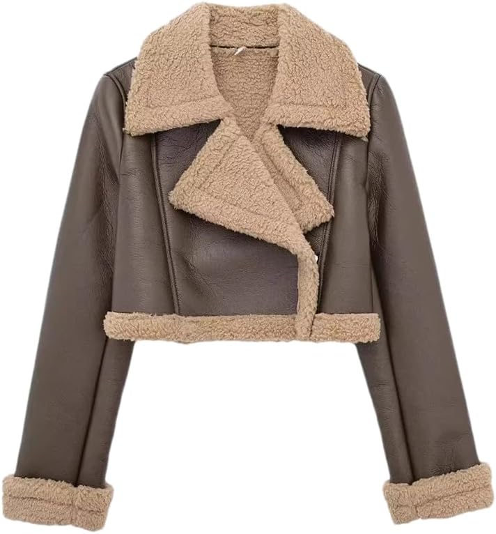 Women Faux Leather PU Turn-Down Collar Jackets Asymmetrical Warm Fashion Coats