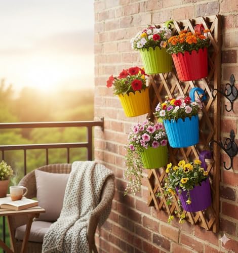 Image of Premium 6 inch Railing Planter with Hook - Durable Plastic Hanging Flower Pot for Balcony, Fence Design Gamla for Indoor /Outdoor Plants, Herbs & Creepers (3, Yellow)