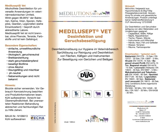 Medilusept Vet Desinfektion und Geruchsbeseitigung, Desinfektionsmittel gegen Giardien, Viren, Pilze, Parastiten und Bakterien, alkoholfreies Hygiene-Spray für Hautiere, 1000 ml