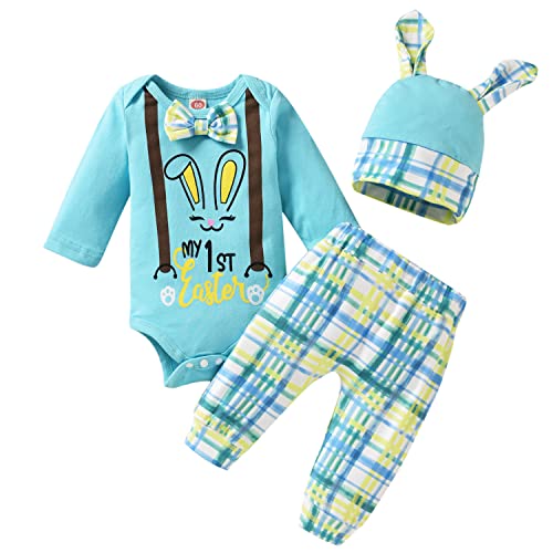 MINIFEIKO Preemie Newborn Infant Baby Boys My 1st Easter Day Outfit Clothes Set First Easter Day Bodysuit Clothing (Blue, Newborn)