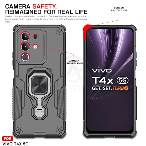 Image of AESTMO Armor Back Cover for Vivo T4X / Z10X / Y31 Pro 5G | Ring Holder & Kickstand & Camera Protection in-Built | 360 Degree Protection Back Case Cover (Black)