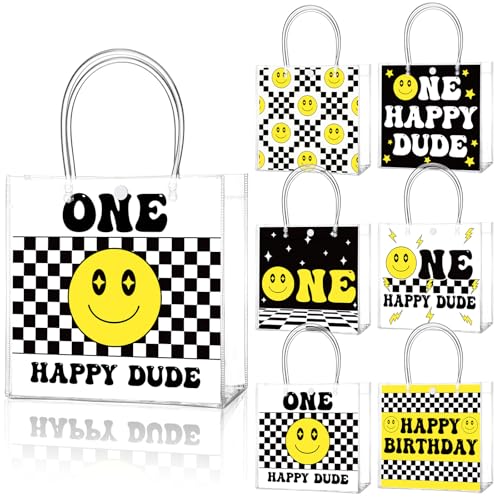 Image of Teenyyou 24 Pcs One Happy Dude Clear Gift Bags with Handles One Happy Dude Party Favor PVC Goodie Treat Candy Tote Plastic Gift Bags for 1st Birthday Party Decor