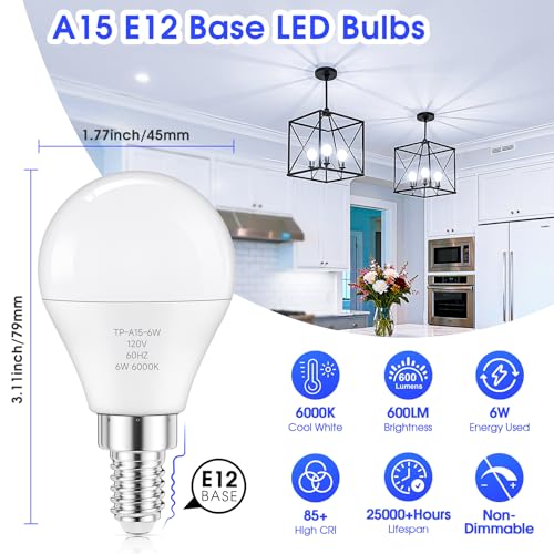 GGOYING E12 LED Candelabra Bulbs 60W Equivalent, 600LM Cool White 6000K Ceiling Fan Bulbs, 85+ CRI Non-Dimmable Chandelier Candle Base Light Bulbs,12-Pack by GGOYING - Used condition - Image 2