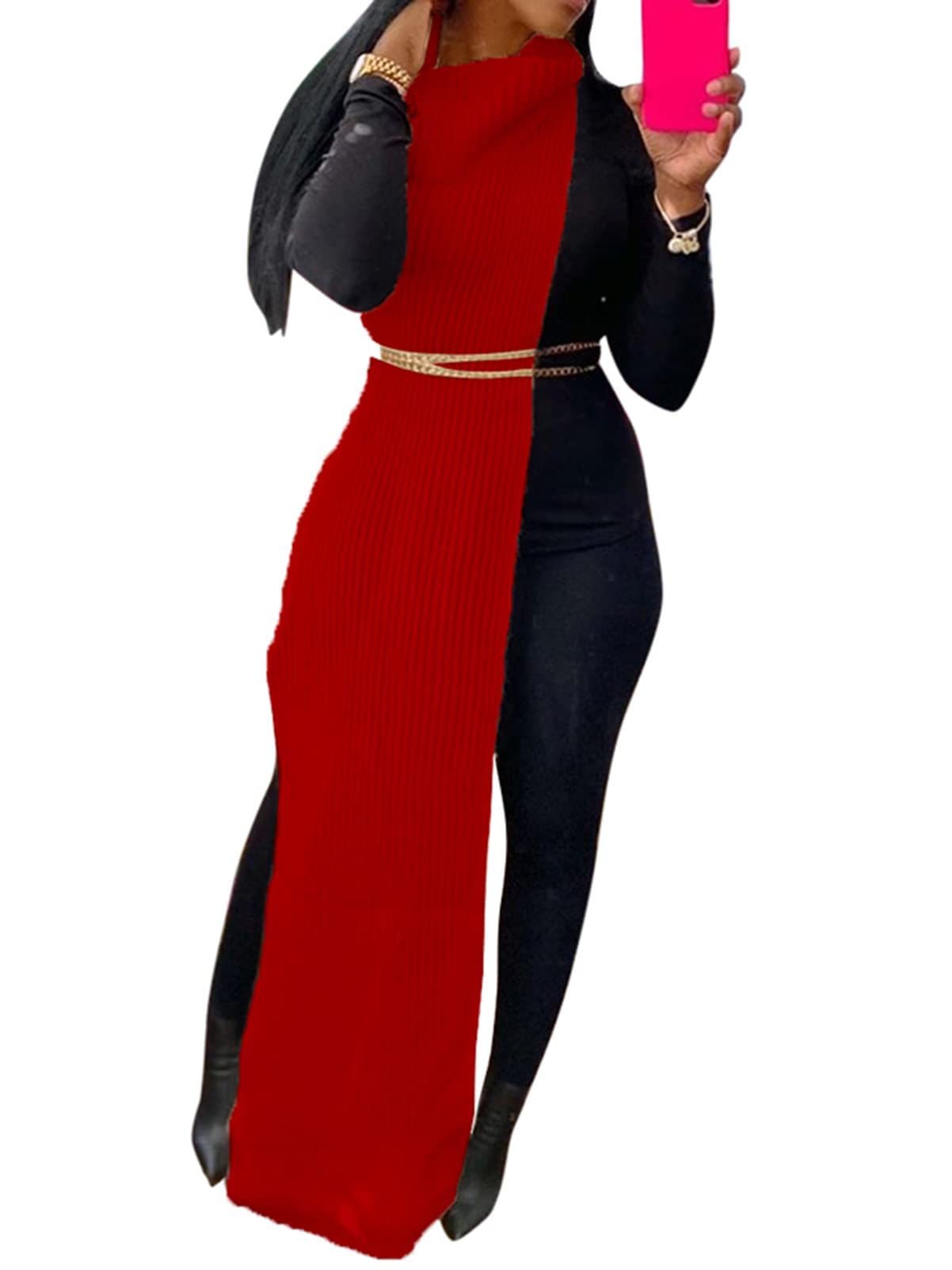 Women Sexy Knitted Turtleneck Side Split Sleeveless Sweater Dress Long Maxi Dresses Pullover Top