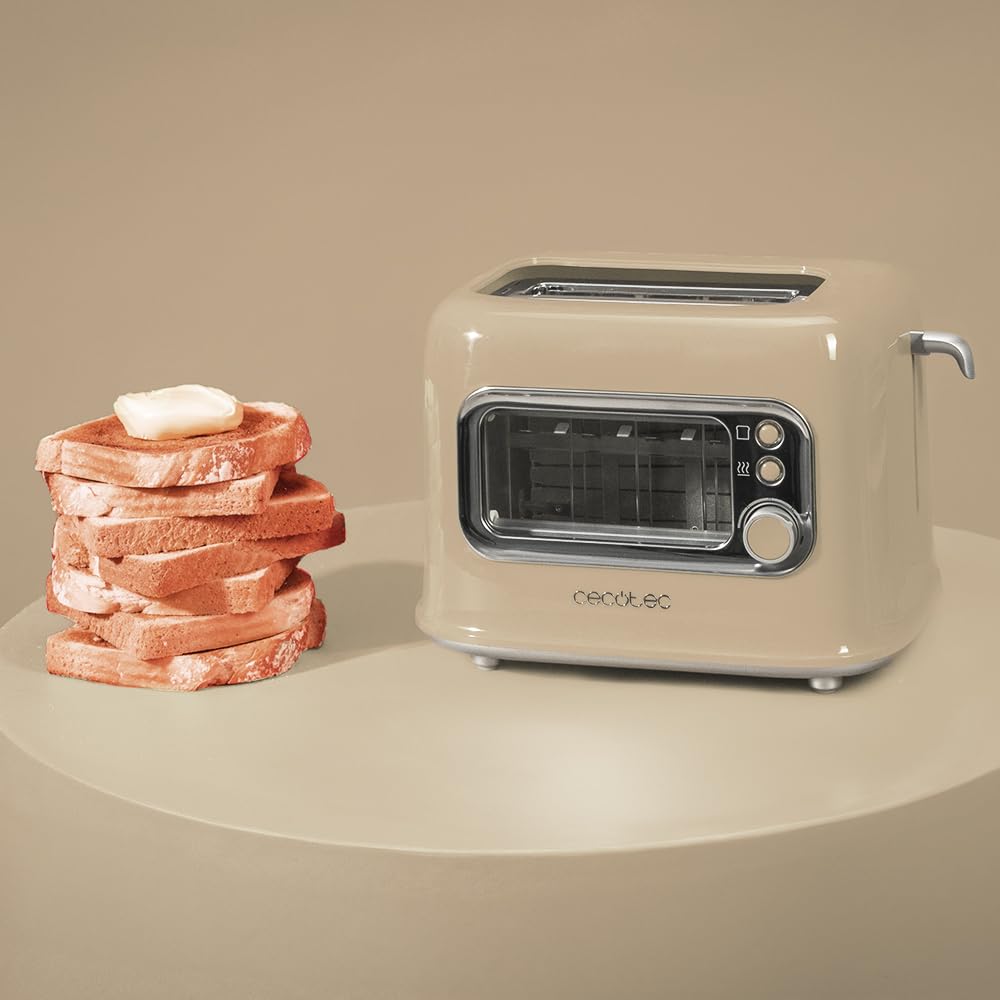 Cecotec Tostadora Vertical con 2 Ranuras Anchas y Ventana Control RetroVision Beige. 700W, Diseño Retro, Cubierta Antipolvo, Apagado y Pop-up Automático, 5 Niveles de Potencia, Beige