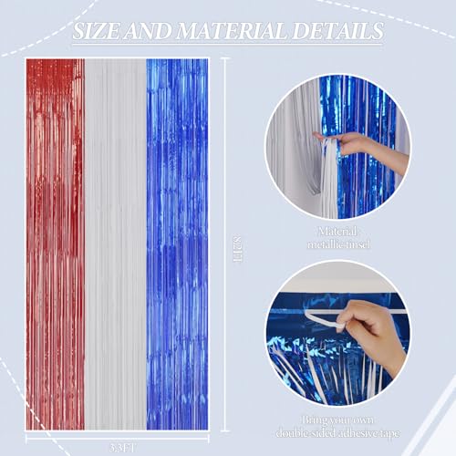 Image of DECOCKRAT 3 Pack Foil Fringe Backdrop - Red&White&Blue Shiny Tinsel Curtains for Party Decoration /Photo Booth Props - 3.3x8.2 FT Metallic Foil Backdrop for Birthday, Wedding, Graduation, Christmas.