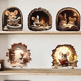 5Pcs Funny 3D Mouse Hole Realistics Wall Sticker, Cute Cartoon Mice Reading, Peel and Stick Decorative Vinyl Wall Stickers for Kids Room, Bedroom, Nursery, Door Corner or Baseboard Decor, 3.5in