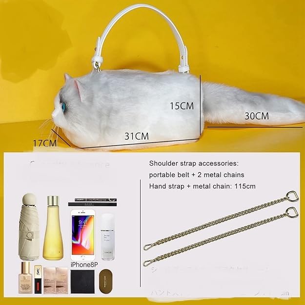 Image of Realistic Puffy Plush Cat Shaped Crossbody Handbag for Women, Realistic Cat Bag Realistic Cat Purses for Women, White