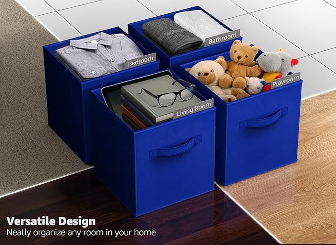 Image of RENVA 4 PCS Fabric Storage Cubes Foldable Storage Bins for Organizing Pantry, Cubbies, Toy Box - Clothes Storage & Closet Organizer (Blue, 4)