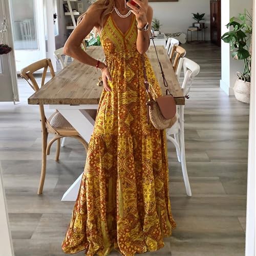 Boho- Maxikleid mit Blumenmuster, ärmellos, hochtailliert, mit, für den den Strand (Yellow, S)-3