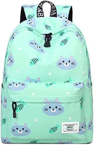 mygreen Bookbags for Teens, Cute Cat and Fish Laptop Backpack School Bags Travel Daypack Handbag Green