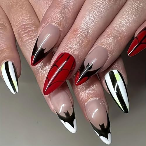 24 Pcs Halloween Press on Nails Medium Almond Fake Nails Red Bat French False Nails with Spider Web Design Artificial Acrylic Nails Press ons Reusable Almond Nails Glue on Nails for Women