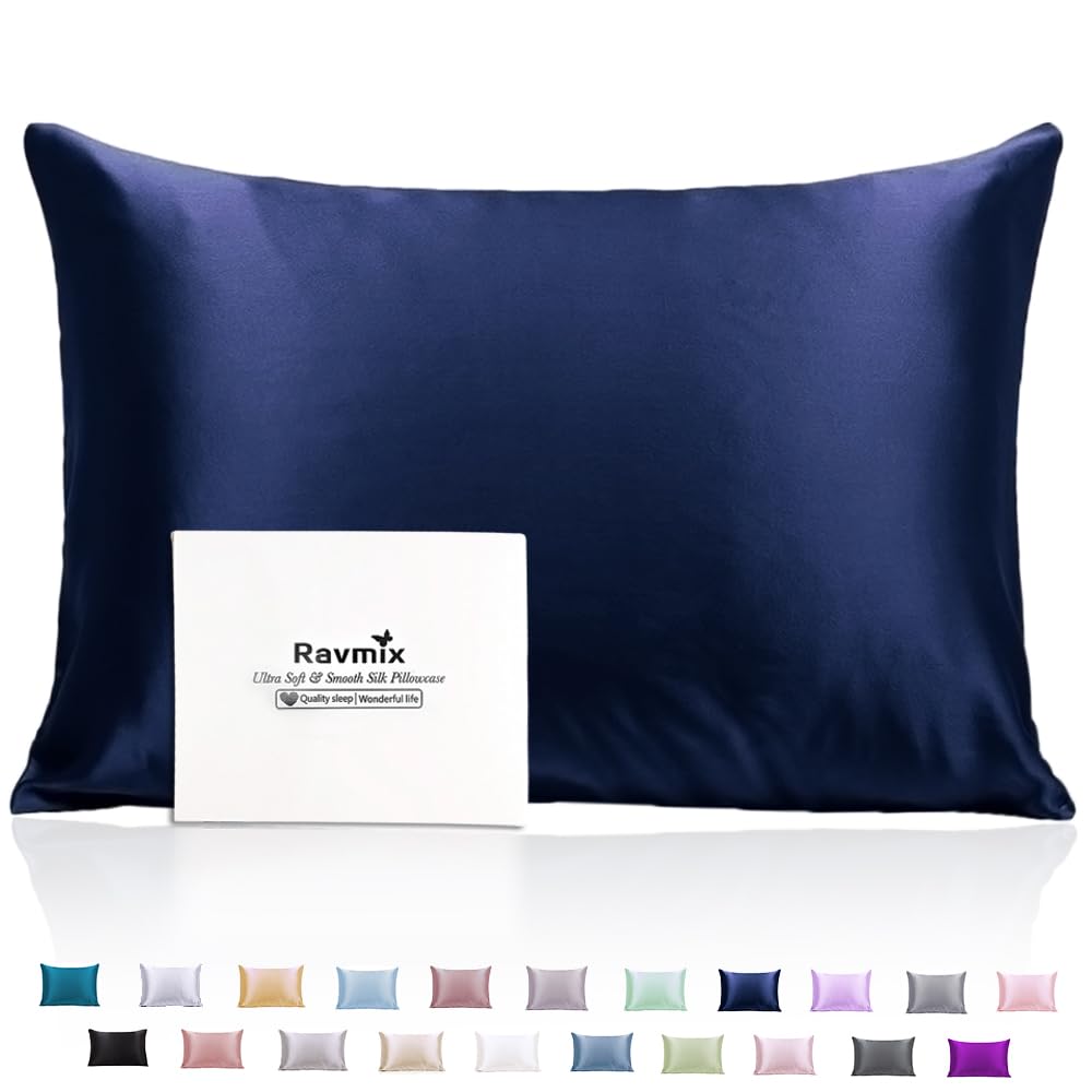 Silk Pillowcase for Hair and Skin with Hidden Zipper, Ravmix Both Sides 21Momme Mulberry Silk Cooling Pillow Case Queen Size 20×30inches, 1PCS, Navy Blue