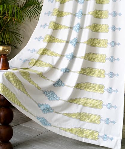 Image of Tranquebar Curtain Co. Window Curtains 5 Feet, 60-65% Room Darkening,Blue-Green Geometric Print, Cotton Curtains for Window, Cotton Curtains 5 Feet Long Set of 2,BackTab Loops,Tavi (152 cm) - Set of 2