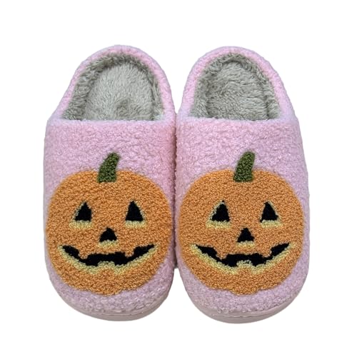 ULEL Halloween Pumpkin Slippers for Womens Mens Plush Warm Spooky Lantern Pumpkin Slippers House Shoes Pumpkin Pink-43-44