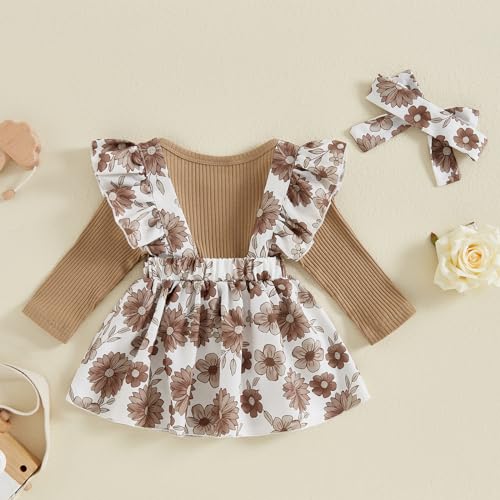 Baby Girl Clothes Fall Cute Skirt Outfits Long Sleeve Romper Floral Overall Skirt Dress Bow 3PCS Outfit4