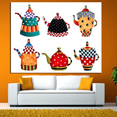 hetingyue Cocina Lienzo Arte decoración Pintura Varios Dibujos Animados Tetera Pintura sobre Lienzo Moderno Cuadro de la Pared Cartel sin Marco Pintura 60x80cm