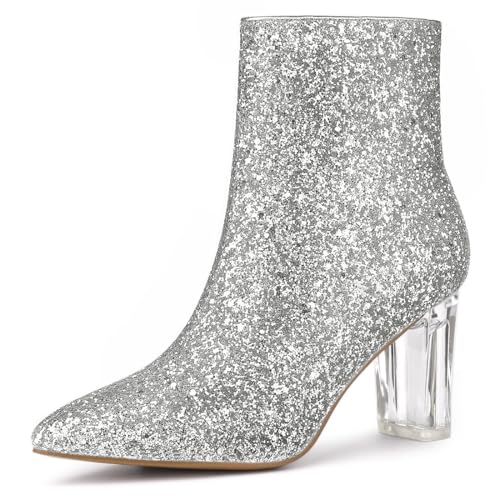 Allegra K Women's Clear Block Heel Glitter Ankle Boots