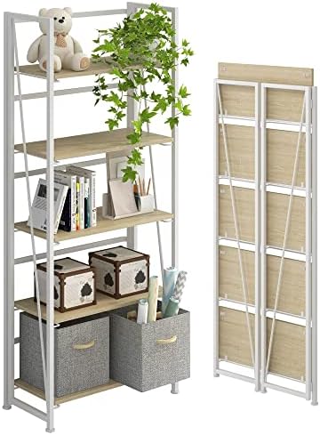 4NM No-Assembly Folding Bookshelf Storage Shelves 5 Tiers Vintage Bookcase Standing Racks Study Organizer Home Office (Natural and White)