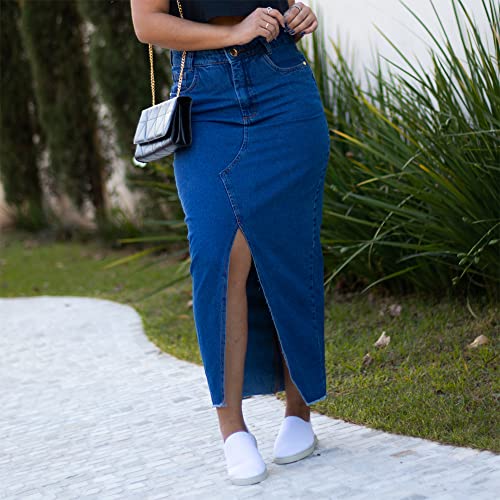 Saia Jeans Longa Feminina Cintura Alta Com fenda (46, Azul Escuro)