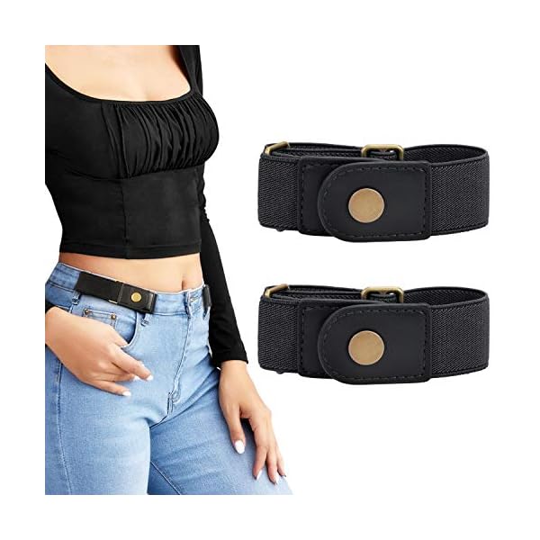 LEACOOLKEY No Buckle Stretch Belt for Women/Men—2 Pack Elastic Invisible Belt for Jeans （Black,Fits 2 loop size 4"-6")
