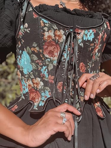 Image of Scarlet Darkness Corset Tops for Women Floral Renaissance Bustier Bodice | Ideal for Halloween, Ren Faire, Theme Party; Overbust, Adjustable Straps, Lace Up, Irregular Hem, Zip Closure, Hand Wash