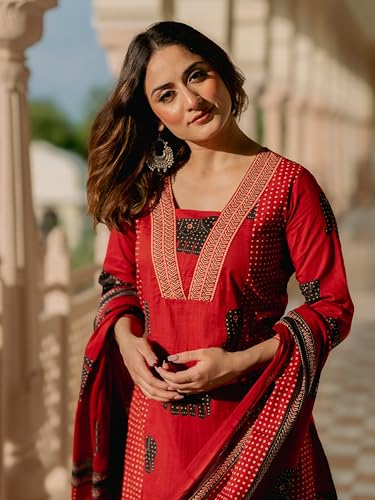 Image of Arayna Women's Pure Cotton Printed Kurta Pants Dupatta Set | Elephant Motif Ethnic Suit Set | Traditional 3-Piece Set for Women