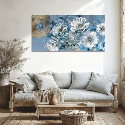 Ardemy Flowers Canvas Wall Art for Living Room Large Magnolia White Floral Pictures Wall Decor Teal Textured Paintings Turquoise Artwork Bedroom Dining Room Home Office, 40"x20" 40"L x 20"W