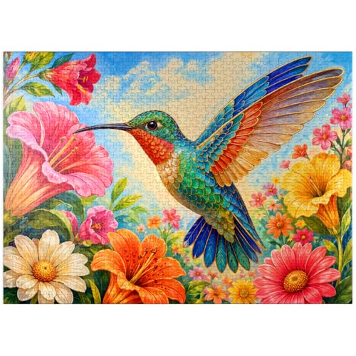 MyPuzzle Jeweled Hummingbird Flower Garden - Rompecabezas premium de 1000 piezas para adultos miniatura 1