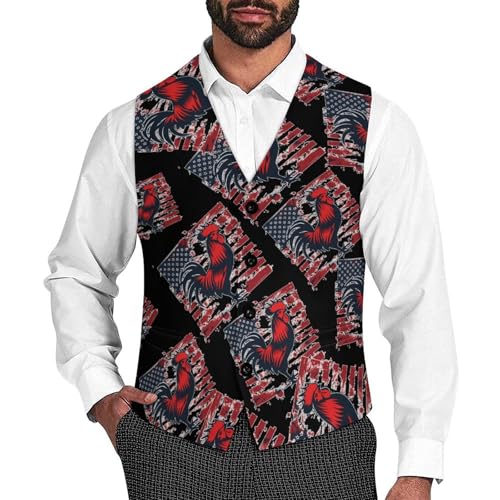 Vintage US Flag Cock Fight Men's Suit Vests Business Formal Dress V-Neck Waistcoat Tops with 2 Pockets
