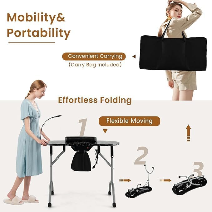 Nightcore Nail Table, Portable Nail Table with Bendable LED Light & Tote Bag, Foldable Nail Table with Electric Dust Collector & 4 Lockable Wheels, Nail Salon Table with Removable Hand Mat