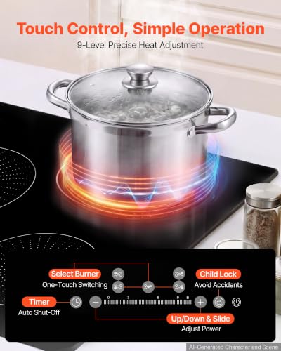 Image of VEVOR Induction Cooktop 30inch 5 Burners Built-in Electric Stove 220V 9200W, Induction Burner for Kitchen, with 9 Power Levels, LED Touch Screen, Ceramic Glass Surface, Child Lock