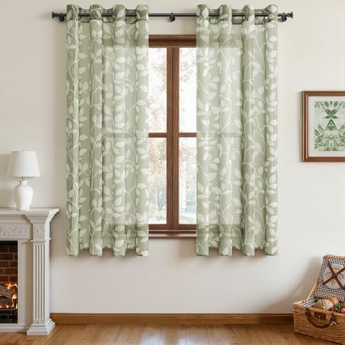 CUTEWIND Rideau Salon Voile Gris Vert Rideau Voilage 2 Pièces à Oeillets 140x160 cm (L x H), Rideau Court Transparent Moderne avec Motif Feuilles Blanches...
