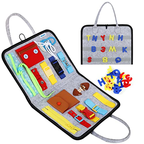 Image of Esjay Toddler Busy Board, Sensory Board for Fine Motor Skill, Montessori Toys Toddler Activities for 3+ Year Old, for Travel, Car, Grey Alphabet