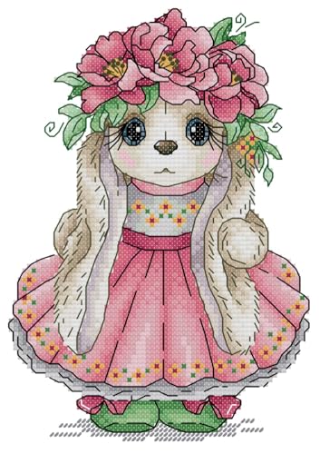 Awesocrafts Kit de punto de cruz, bonito vestido rosa, conejo, flores, patrones fáciles, punto de cruz, bordado, costura, suministros