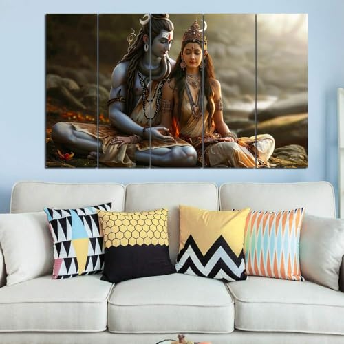 Image of Maxstone Adiyogi Shiva Maa Parvati Meditating Wall Painting for Living Room, Bedroom, Office, Hotels,Drawing Room Wooden Framed Digital Painting (30x60 inch) M1402