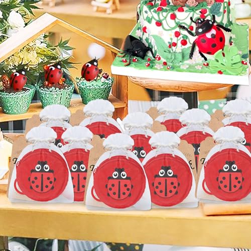 36 Pack Ladybug Change Purses Set Include 12 Ladybug Wallets with Keyrings, 12 Thank You Tags and 12 Organza Bags for Ladybug 1st Birthday Baby Shower Birthday Party Decoration,Red4