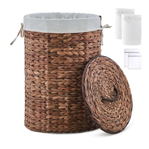 Round Water Hyacinth Laundry Hamper with Lid Handwoven Wicker Basket with Handles for Dirty Clothes, Storage, and Organization Ideal for Bedroom, Bathroom, and Laundry Room, No Assembly Required, 60L