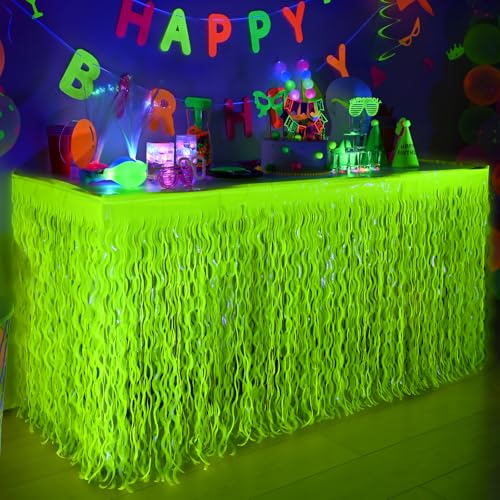 Mega-L Glow in The Dark Party Supplies, 2 Pack Neon Party Decorations Fluorescent Macaron Yellow Wavy Metallic Tinsel Foil Fringe Table Skirts, Perfect Table Decors for Glow Party, Birthday Decor