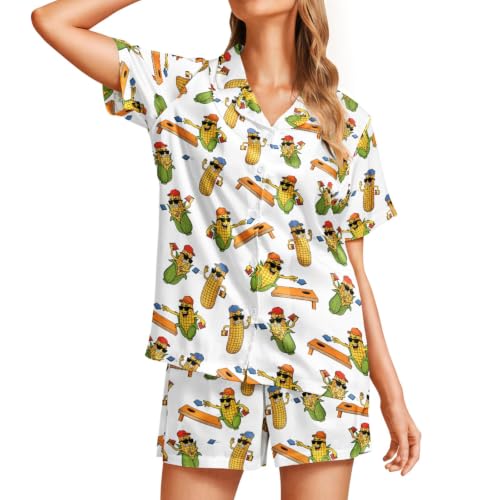 Image of Funny Satin Pajamas Set for Women Button Down Sleepwear Print Pjs Set 2 Piece Short Sleeve Loungewear Gift for Women