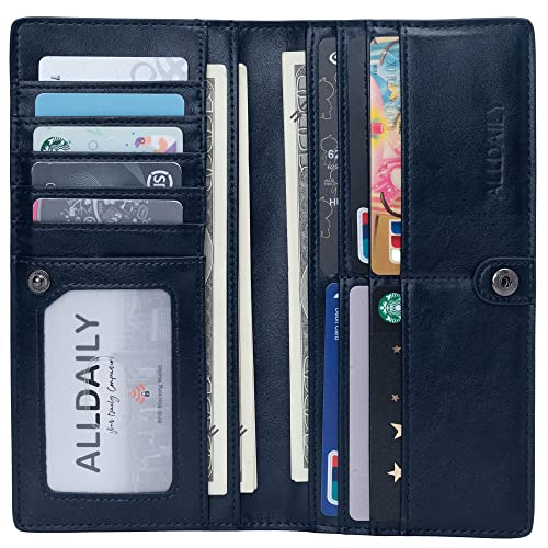 Image of Alldaily Ultra Slim Thin Women Wallet RFID Blocking Credit Card Holder Bifold Long Ladies Billfold (Dark Blue)