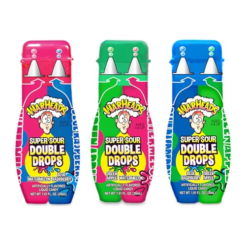 WARHEADS Super Sour Double Drops - Liquid Sour Candy - Blue Raspberry, Green Apple and Watermelon Assorted Flavors - 1.01 oz. Bottles - 3 Pack