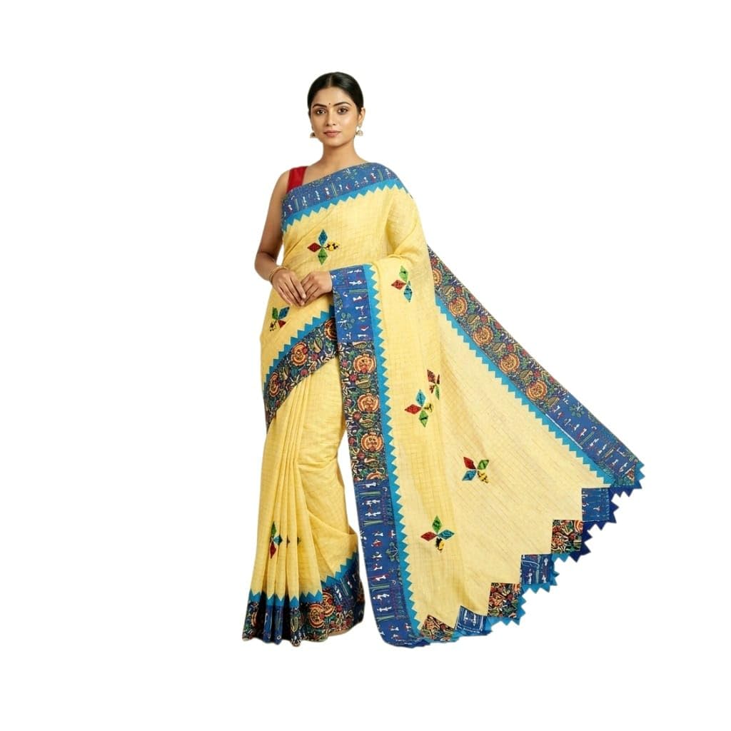 Dark Cream With Multicolour Border Pure Cotton Handmade Kalamkari Patchwork Saree for Women Traditional Handcrafted Ethnic Cotton Saree for Festival-image-40