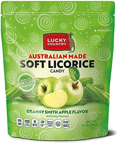 Lucky Country Granny Smith Apple Soft Australian Made Licorice 10oz Bag - NON-GMO, NO HFCS, Low Fat & Kosher - Made in Australia (Pack of 1)