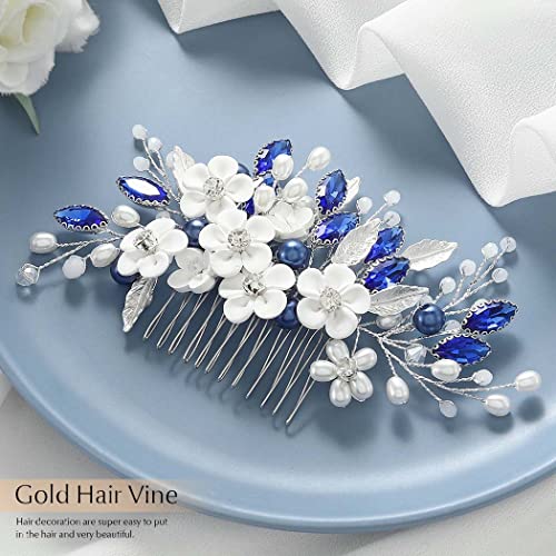 Catery Crystal Bride Wedding Hair Comb Blue Crystal Hair Piece Leaf Ceramic Flower Bridal Side Comb Hair Clips Pearl Headpiece Hair Accessories For Women And Girls #TOP4