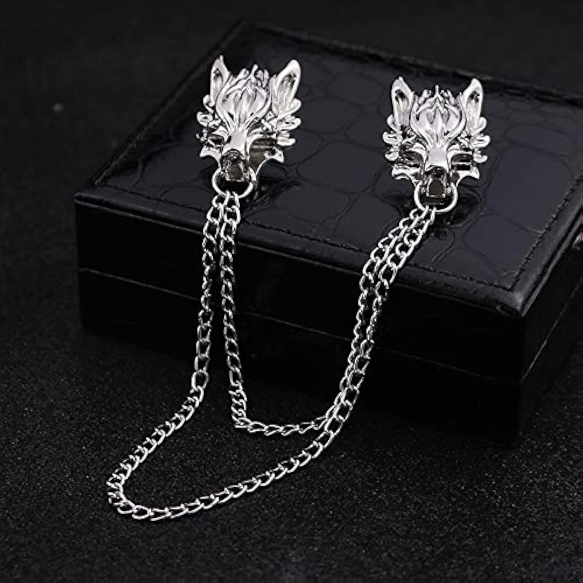 Wolf Head Alloy Cardigan Clip Brooch with Chain, Chic Design
