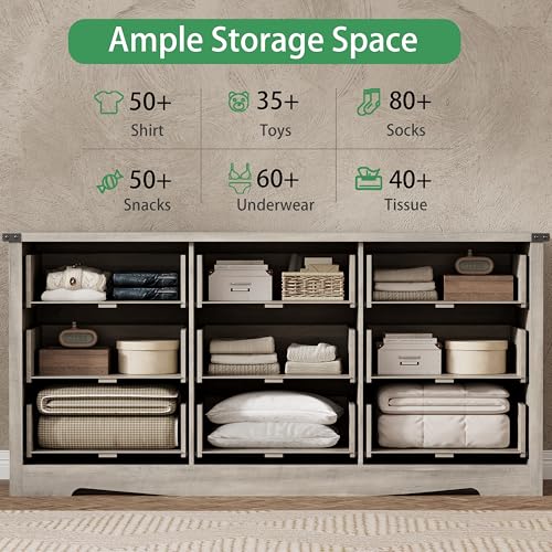 Image of Dresser for Bedroom with 9 Drawers, 63 inch Wide Wood Chest of Drawers with Deep Drawers & Mental Handle, Modern Dresser TV Stand, Wooden Closet Storage Organizer for Living Room, Hallway, Entryway, Grey