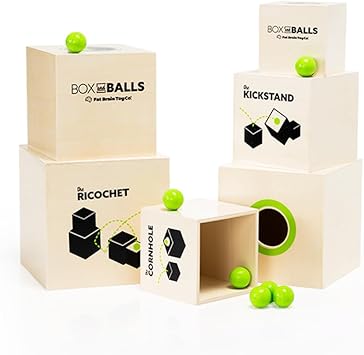 Fat Brain Toys Box and Balls, Wooden Activity Cubes and Bouncy Balls for Kids, Fun New Trickshot Games for Ages 6 to 11