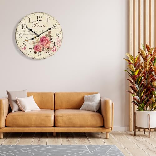 Eruner 24 Inch Wooden Wall Clocks Love Rose Vintage Wall Clock Large Farmhouse Clocks French Clocks Retro Rustic Wall Clock Silent Scan Non-Ticking for Home Living Room Bedroom Kitchen