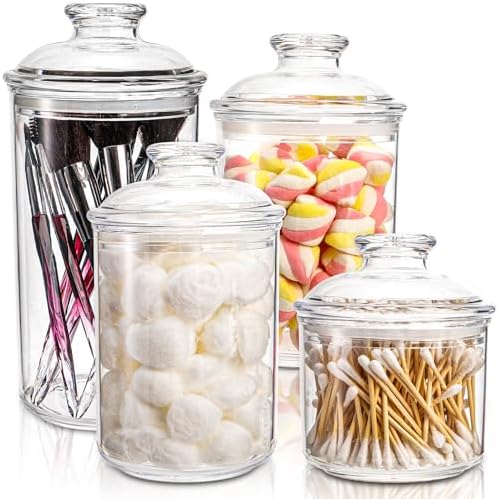DEAYOU 4 Pack Clear Plastic Apothecary Jars, Plastic Storage Jar Canister with Airtight Lid, Cotton Qtip Holder Bathroom, Candy Cookie Container Organizer for Bath Salt, Pad, Vanity,33 Oz/23 Oz/13 Oz